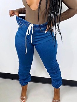 Casual Drawstring   Blue Stacked  Jeans For Women
