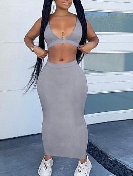  Sexy V-Neck Backless Pure Color 2 Piece Skirt Sets