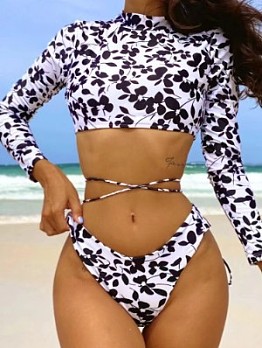 Trendy Printed Backless Long Sleeve Swimwear Sets