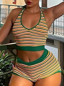 Backless Striped Halter Top And Short Trouser Sets