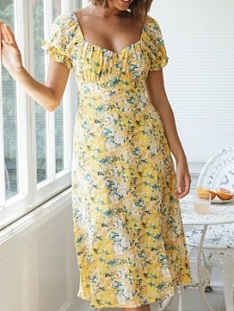 Summer Flower Printing Split Hem Women's Dress