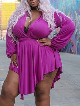  Sexy Plus Size V-Neck Pure Color Long Sleeve Dress