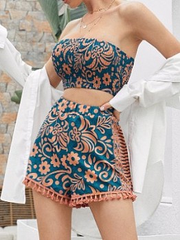 Sexy Printing Strapless Tube Top And Shorts Sets