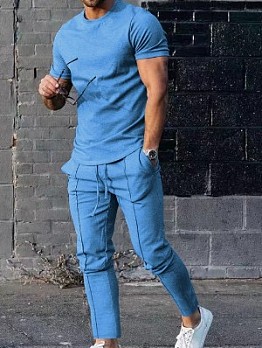  Men Solid Casual Short Sleeve Two Piece Pants Set