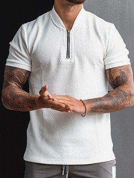  Men Pure Color Zipper Short Sleeve Polo Shirt