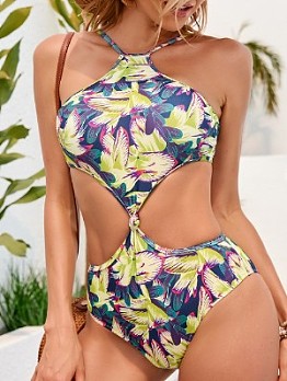  Sexy Printing Hollowed Out Backless One-piece Swimwear