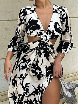  Sexy V-Neck Contrast Color Hollowed Out Puff Sleeve Dress