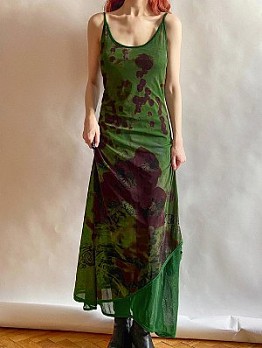  Retro Gauze Printing Sleeveless Maxi Dress