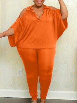  Pure Color Top And Trouser Women's Plus Size Sets