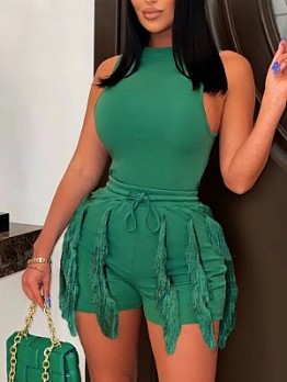Women's Casual Solid Color Tassels Two-Piece Set