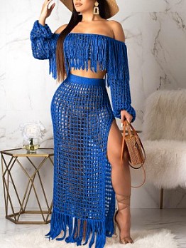  Sexy Hollowed-out Tassel Pure Color Two-Piece Skirt Sets