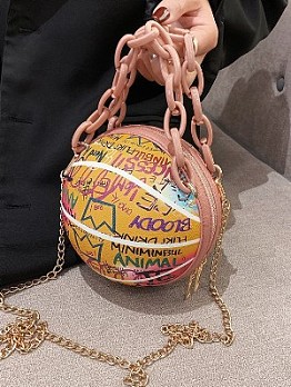Basketball PU Letter Printed Metal Chain Round Bag