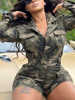  Women's Camouflage Pockets Long Sleeve Rompers