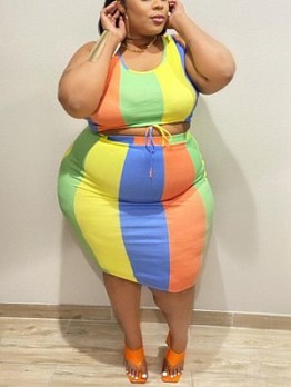 Fashion Plus Size Colorblock Women's 2 Piece Skirt Suit