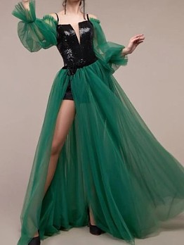 Designer Lantern Sleeve Slit Sequined  Patchwork Evening Maxi Dress