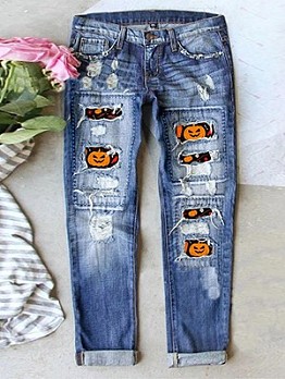 Halloween  Pumpkin Pattern Ripped Jeans