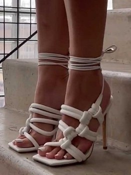 Stylish White Lace Up Stiletto  Heeled Sandals 