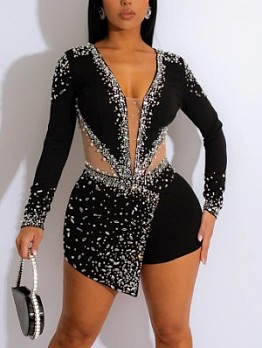 Patchwork Hot Drilling  V Neck Rompers For Women