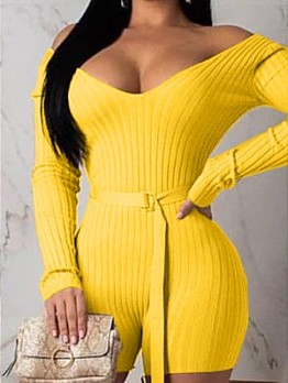 V Neck Solid Long Sleeve Rompers