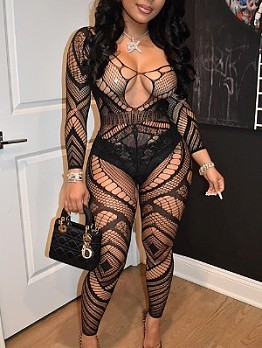  Sexy Tight Hollowed Out Black Long Sleeve Jumpsuit