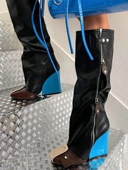 Designer Square Toe Zipper Wedge High Boots