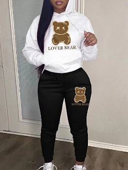 Bear Graphic Hooded Collar Top And Pant Sets