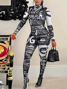 Gray Printed Long Sleeve Skinny Jumpsuits For Women