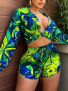Printed Long Sleeve Blouse And Short Sets For Women