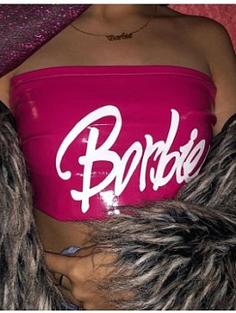 Dark Pink Letter Printed  PU Strapless Tops