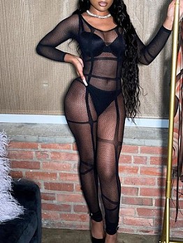  Sexy Mesh See Through Black Tight Jumpsuit