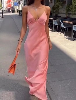  Sexy V-neck Pink Sleeveless Long Dress