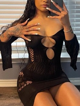  Sexy Off Shoulder Hollowed Out Long Sleeve Dress