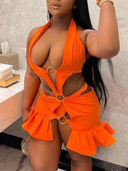 Nightclub Orange  Cut Out Halter 2 Piece Skirt Sets