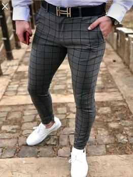  Fashion Plaid Pockets Long Pants For Men