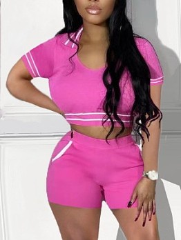  Leisure Contrast Color Top And Shorts Women's Sets