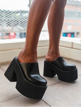 Black  PU Leather Platforms Heels For Women