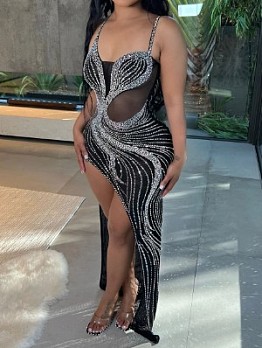 Sexy Black Hot Drilling Split Hem Sleeveless Dress