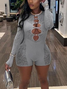  Lace Cutout Long Sleeve Sexy Rompers Shorts For Women 