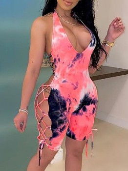 Sexy Cutout Tie Dyed Sleeveless Skinny Rompers