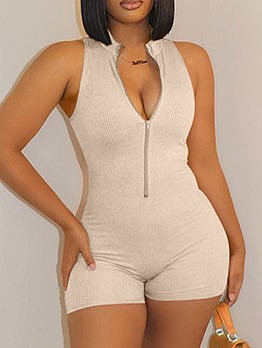  Women's Pure Color Zipper Sleeveless Skinny Rompers