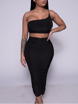 One Shoulder Black Ruched Maxi Skirt And Top Sets 