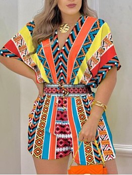 Ethnic  Summer Loose V-Neck  Gradient Color Printing Rompers