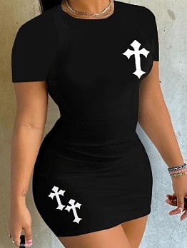 Casual Printing Short Sleeve Bodycon Dress For Women