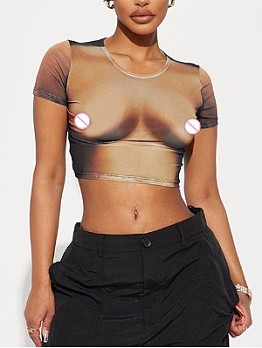 Sexy 3D Women Body Printed Brown Cropped T Shirts