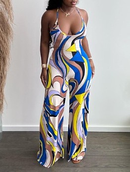  Summer Casual Backless Printing Royal Blue Jumpsuit