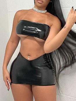  Women's PU Black Crop Top And Skirt Sets
