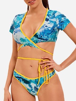  Sexy Floral Short Sleeve 2 Piece Swimsuit Sets