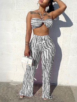Printed Halter Cropped Top And Wide Leg Pant Sets 