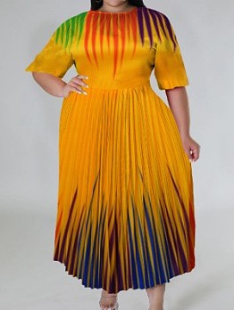  Casual Round Neck Pleated Printing Plus Size Dress