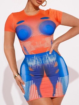 Dot Printed Orange Bodysuit Top And Skirt Sets 